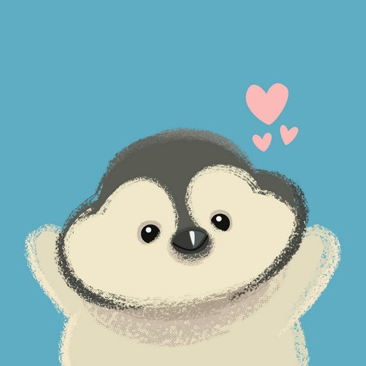 Illustrierter Baby-Pinguin mit drei rosa Herzen auf türkisfarbenem Hintergrund