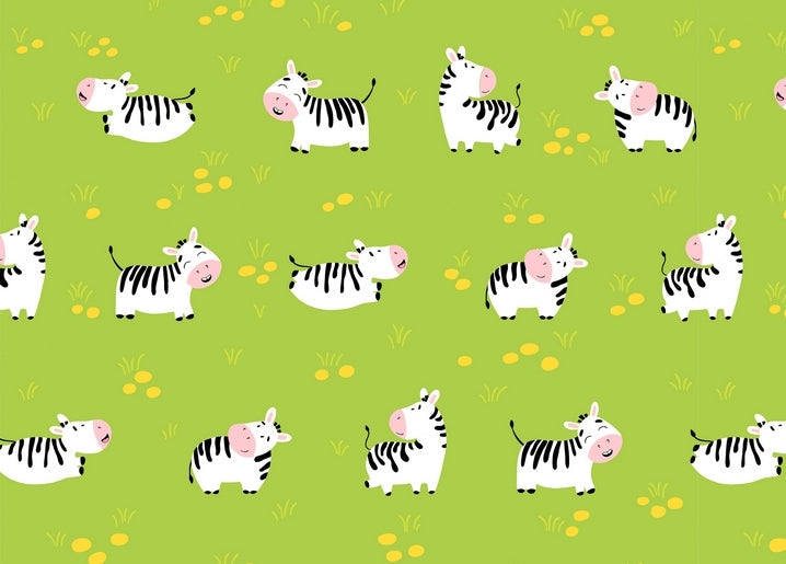 Muster aus Baby-Zebras auf grüner Wiese mit gelben Blüten