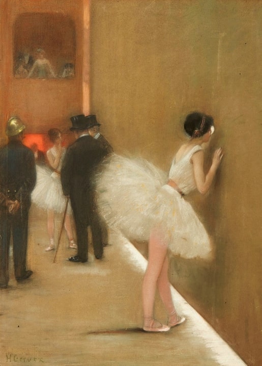 Painting by Henri Gervex of a ballerina in a white tutu backstage with men in top hats