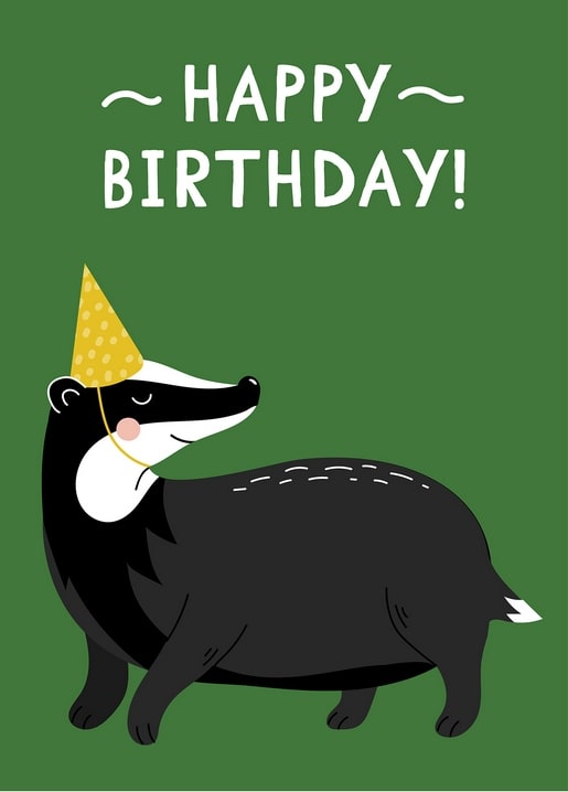 Black-and-white badger wearing a gold party hat on a green birthday background