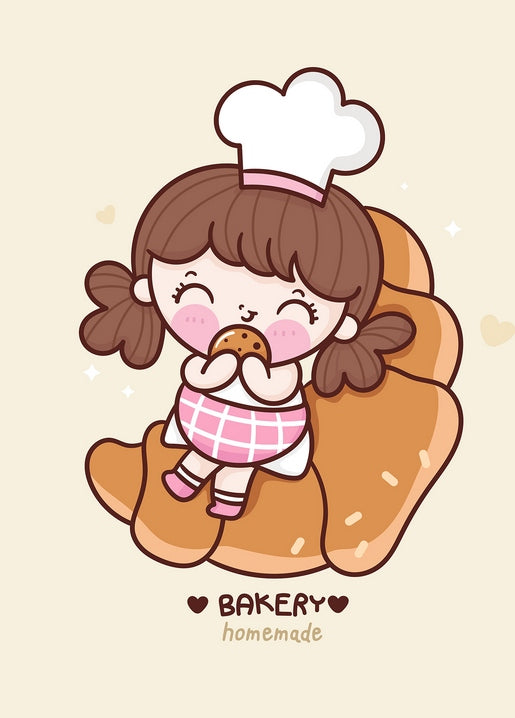 Illustration of a girl in a chef's hat eating a cookie atop a giant croissant, captioned ‘Bakery Homemade’