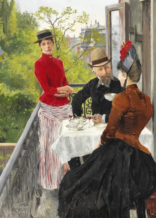 Three elegant figures sharing coffee and wine on a Copenhagen balcony overlooking rooftops