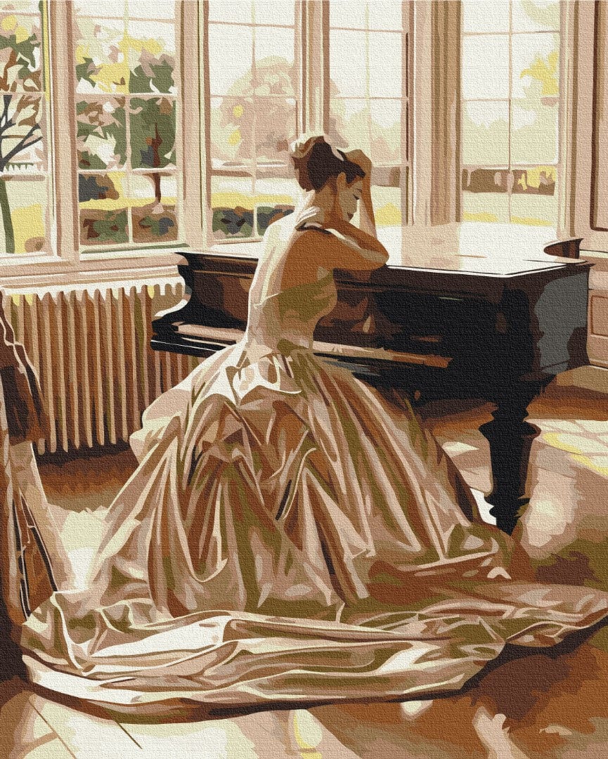 Illustration einer Frau im champagnerfarbenen Ballkleid am Flügel im Sonnenlicht eines hohen Fensters