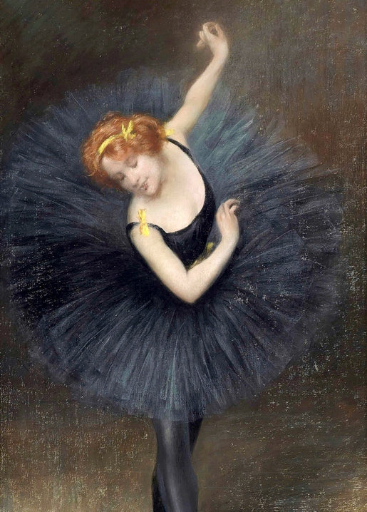 Gemälde von Pierre Carrier-Belleuse: rothaarige Ballerina im schwarzen Tutu mit erhobenem Arm
