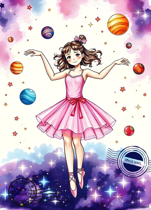 Ballerina im rosa Tutu tanzt auf Spitzenschuhen zwischen Sternen und Planeten