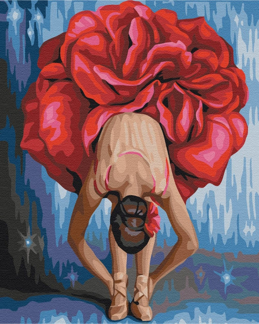 Ballerina beugt sich vor, ihr Kopf verschwindet in einer riesigen roten Rose vor sternenblauem Hintergrund