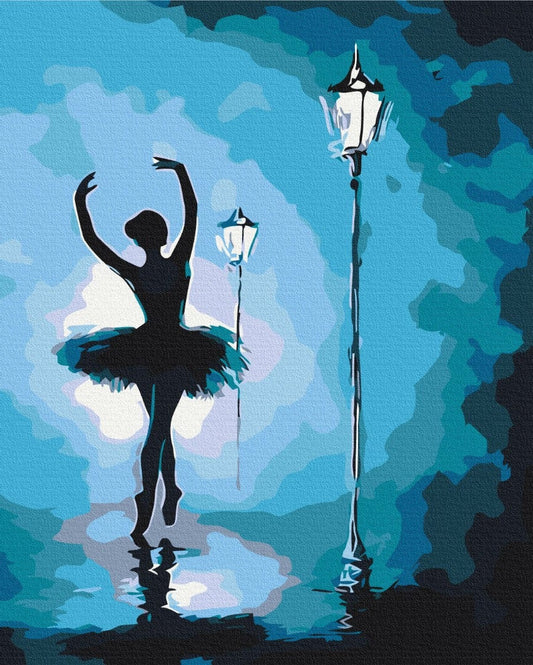 Silhouette einer Ballerina im Laternenlicht bei Nacht, Malen-nach-Zahlen-Motiv