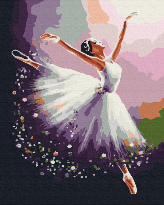 Weiße Ballerina im Sprung, Kleid löst sich in Blütenblätter auf