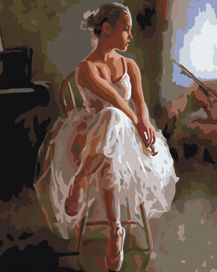 Illustration einer jungen Ballerina im weißen Tüllkleid, die ihren Spitzenschuh am Fenster richtet