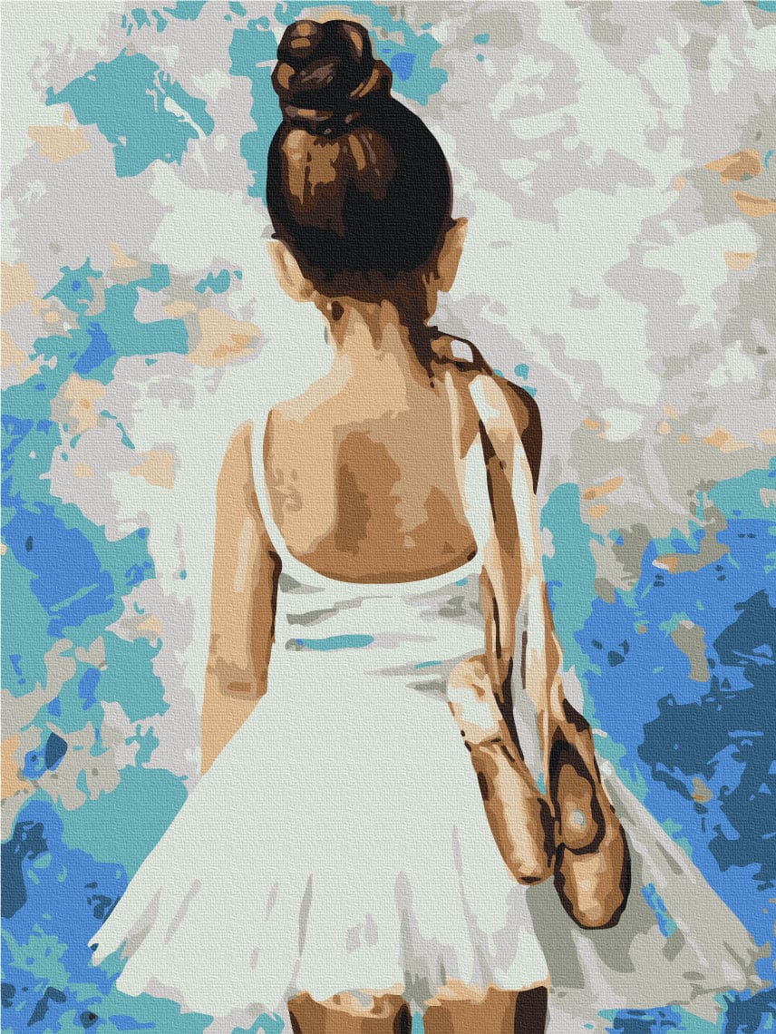 Kleine Ballerina im weißen Kleid von hinten mit Spitzenschuhen, malerische Illustration