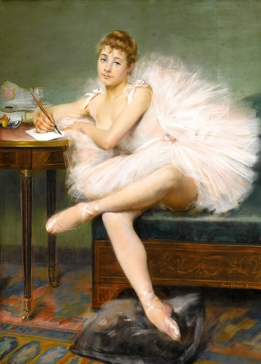 Ballerina in pink tutu writing a letter at a desk, painting by Pierre Carrier-Belleuse