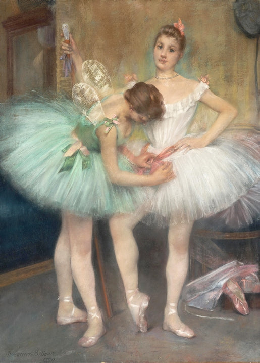 Young ballerina in mint tutu helping a friend fasten her sash backstage, painting by Pierre Carrier-Belleuse