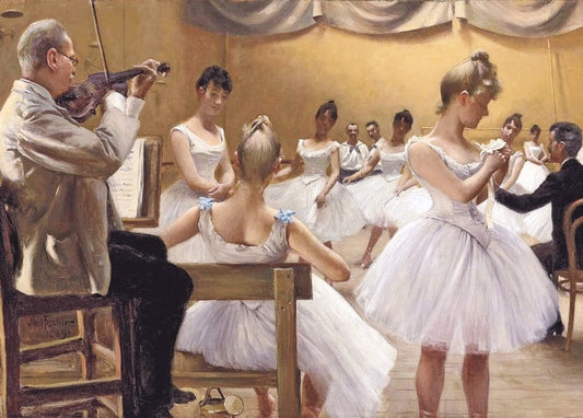Painting of a violin teacher and young ballerinas in tutus rehearsing, by Paul Gustave Fischer
