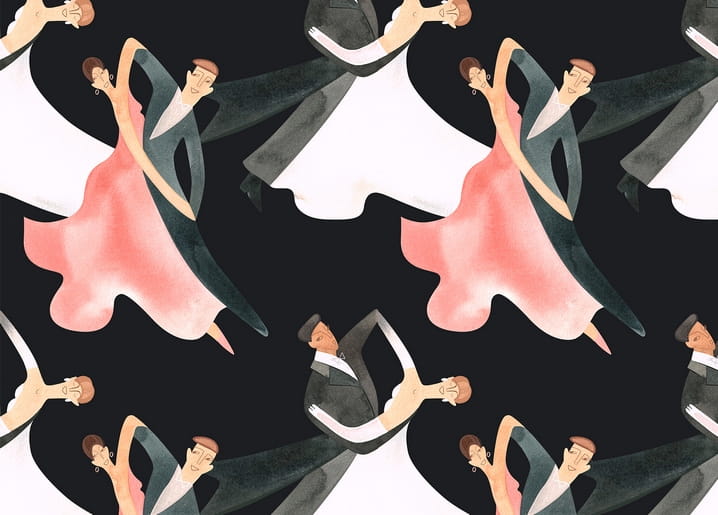 Seamless watercolor pattern of ballroom dance couples waltzing in pink and charcoal on black