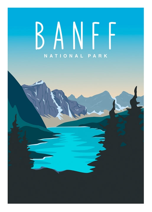 Retro-style travel poster of Banff National Park with a turquoise lake and mountains