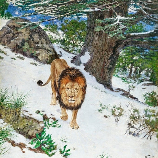 Berberlöwe geht durch einen verschneiten Zedernwald, Gemälde von Géza Vastagh