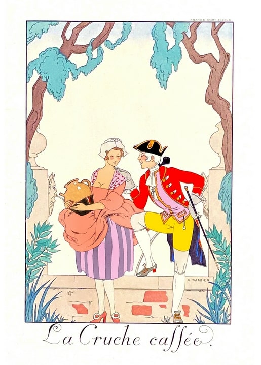 Barbier illustration of an 18th-century French maid with a jug and a red-coated gentleman in a garden