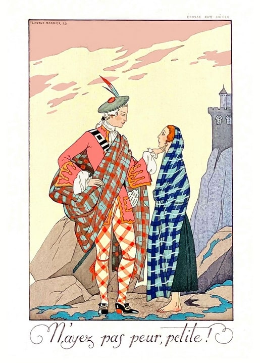 Barbier illustration of a tartan-clad Highlander and a plaid-shawled woman by a cliffside castle