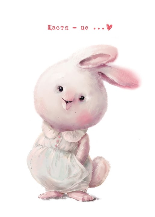 Fluffy white bunny in a lace-collared dress blushing shyly with one ear raised