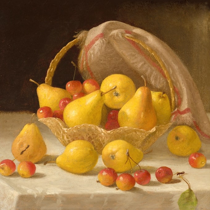 Painting of a tipped wicker basket spilling pears and red crabapples onto white linen