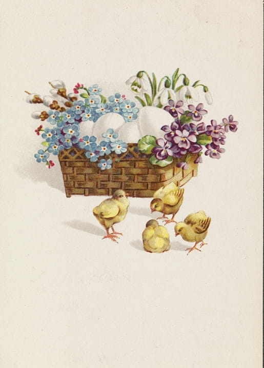 Vintage-Illustration eines Osterkorbs mit Veilchen, Vergissmeinnicht und vier Küken