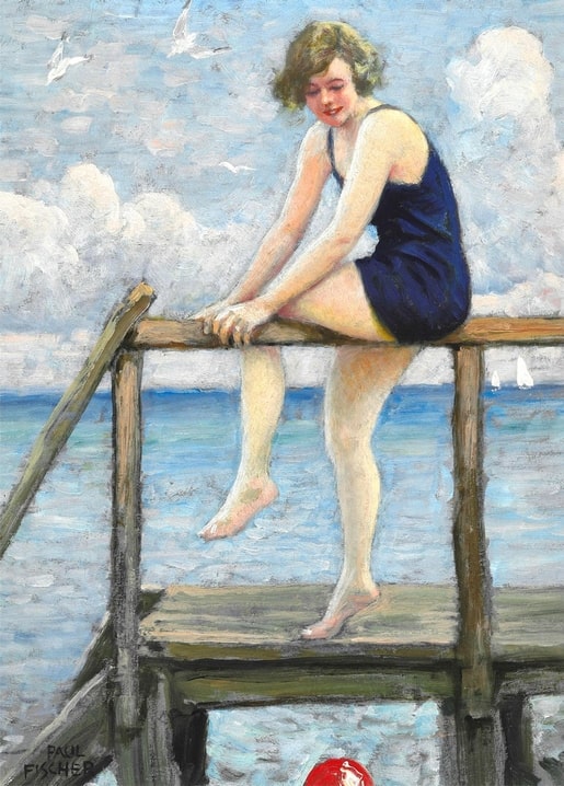 Young woman in a navy swimsuit sitting on a bathing pier with seagulls and a red ball in the sea