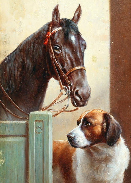 Bay horse leaning over a stable door to look at a St Bernard dog below