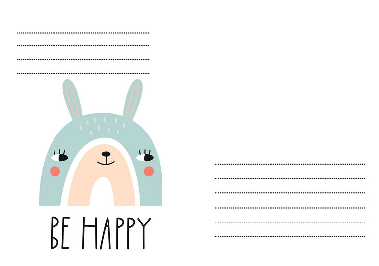 Illustration eines Hasen-Regenbogens mit der Aufschrift „Be Happy“ auf einem Umschlag