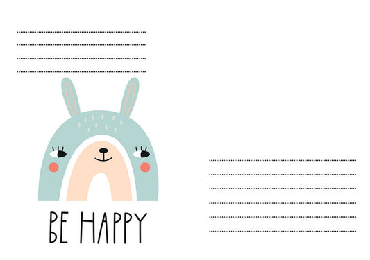 Illustration eines Hasen-Regenbogens mit der Aufschrift „Be Happy“ auf einem Umschlag