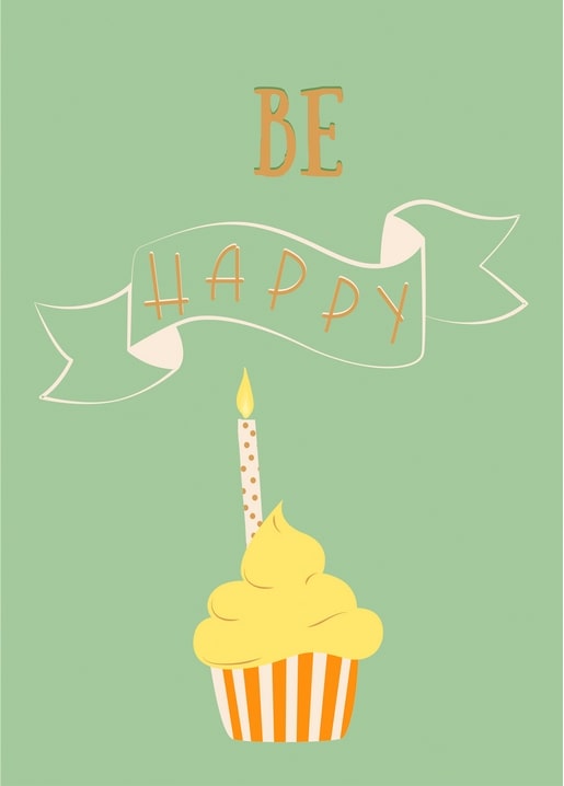 Gelber Cupcake mit Kerze unter 'Be Happy'-Banner auf Salbeigrün
