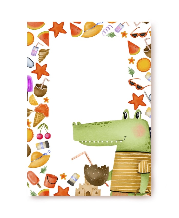 Summer letter paper with a crocodile, sandcastle, and watermelon and ice cream border