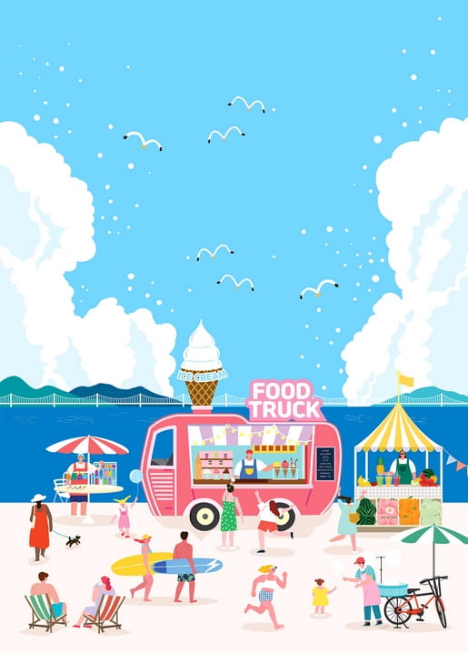 Illustrierte Strandszene mit rosa Eiswagen, Surfern, Sonnenbadenden und Möwen über dem Ufer