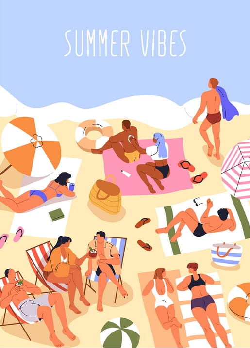 Illustrated beach scene with striped umbrellas, swimmers and a Summer Vibes banner