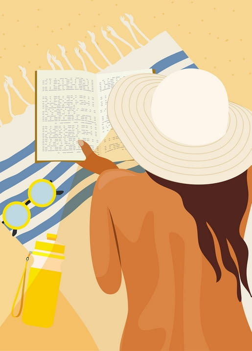 Illustration einer Frau mit Sonnenhut, die auf einem gestreiften Strandtuch liest