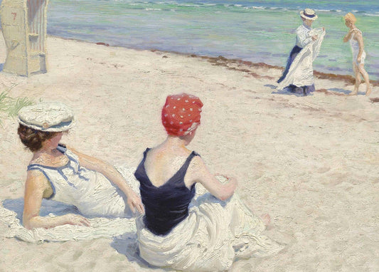 Gemälde von Paul Gustave Fischer: Frauen entspannen am Strand, eine mit roter Badehaube
