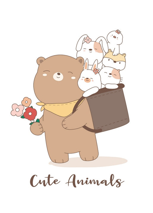Бурий ведмедик із квітами несе кошик із зайчатами, лисеням і кошеням