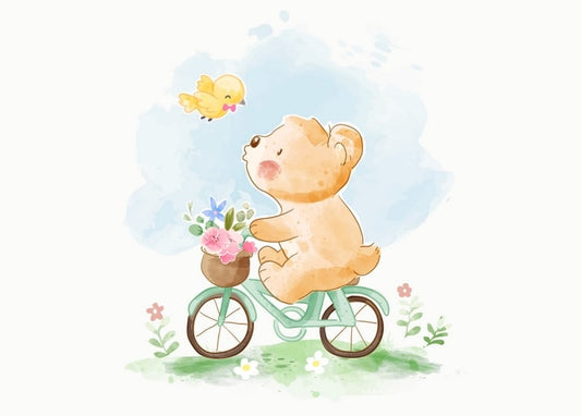 Illustrated bear riding a bicycle with a flower basket as a yellow bird flies alongside