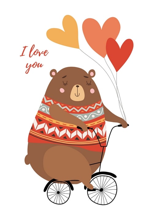 Brown bear in a patterned sweater riding a bicycle trailing three heart-shaped balloons, with 'I love you' text.
