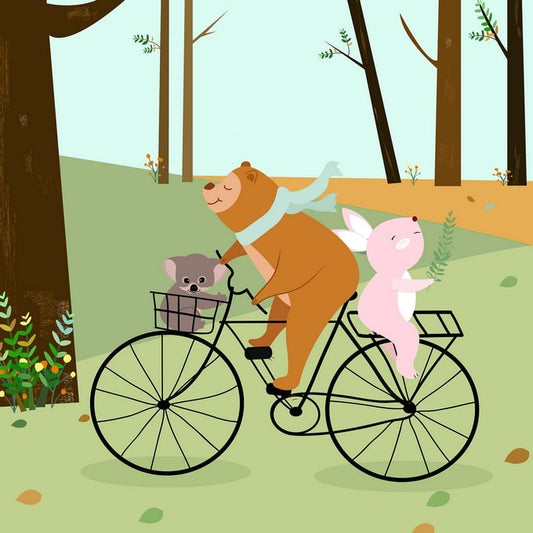 Illustrated bear riding a bicycle through a forest with a koala in the basket and a bunny on back