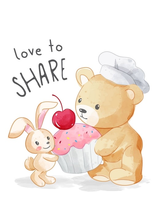 Teddybär mit Kochmütze reicht einem kleinen Hasen einen Cupcake mit Kirsche