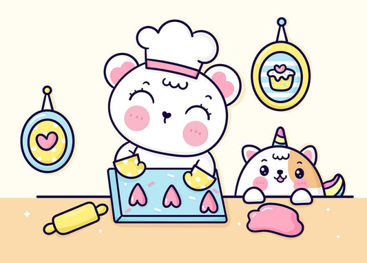 Kawaii bear chef baking heart cookies next to a curious unicorn cat
