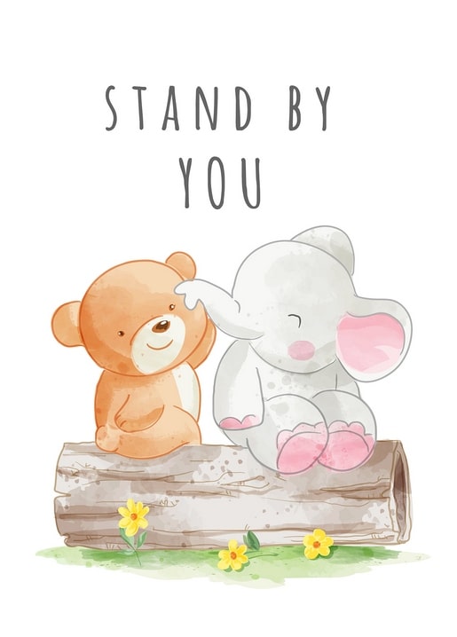 Watercolor bear cub touching a baby elephant's trunk while sitting on a log