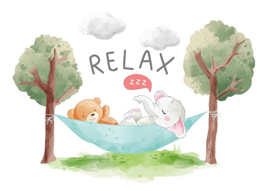 Watercolor bear cub and baby elephant sleeping together in a hammock between two trees