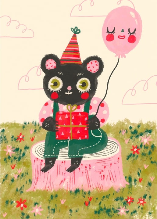 Illustrated bear cub in a party hat hugging a wrapped gift beside a pink balloon