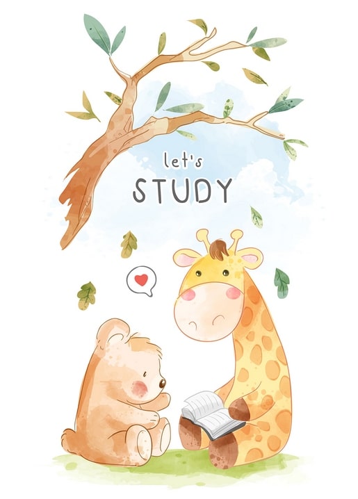 Watercolor bear cub and giraffe reading a book together under a tree branch