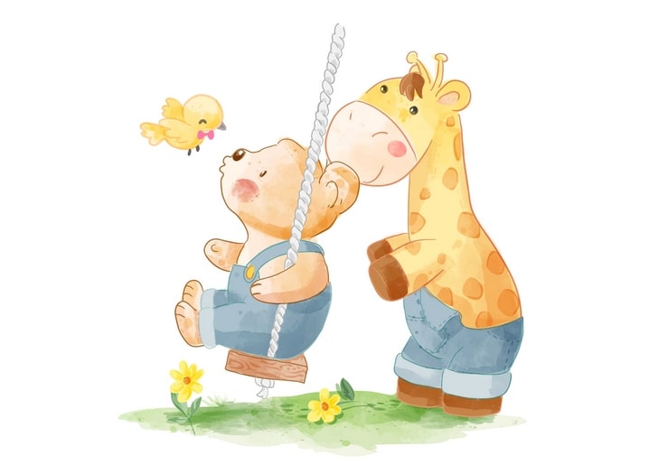 Watercolor giraffe nuzzling a bear cub on a rope swing with a yellow bird nearby