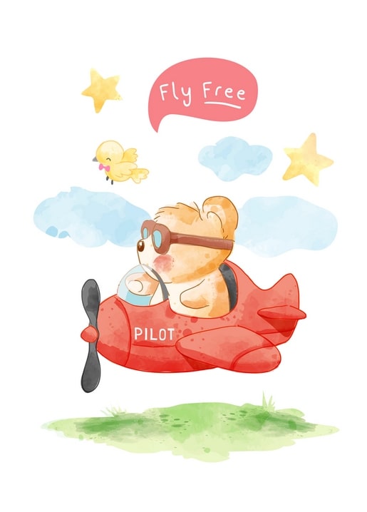 Aquarelliertes Bärenjunges als Pilot im roten Spielzeugflugzeug zwischen Sternen