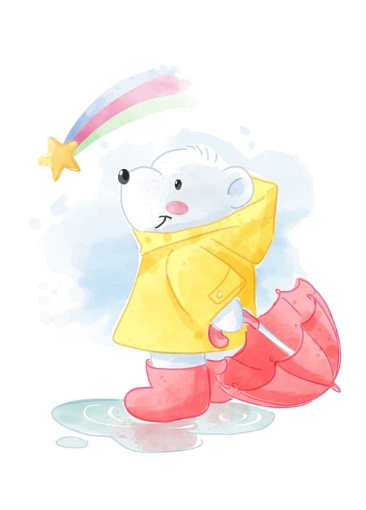 Watercolor bear cub in a yellow raincoat holding a red umbrella under a shooting star