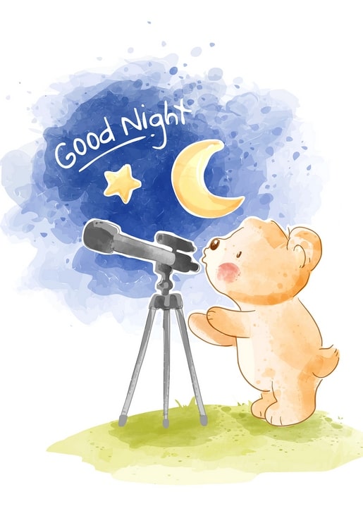 Watercolor bear cub looking through a telescope at the moon and a star at night