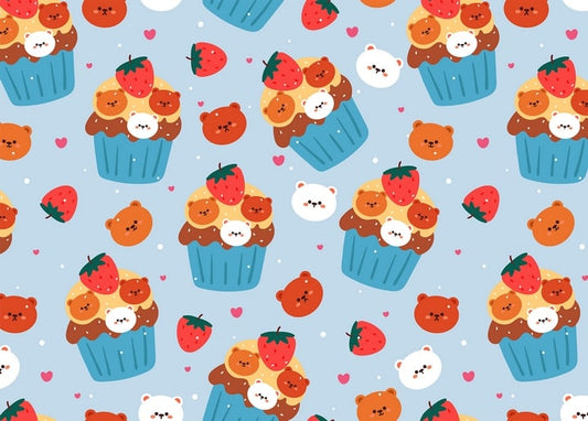 Seamless pattern of blue cupcakes with teddy-bear faces and strawberries